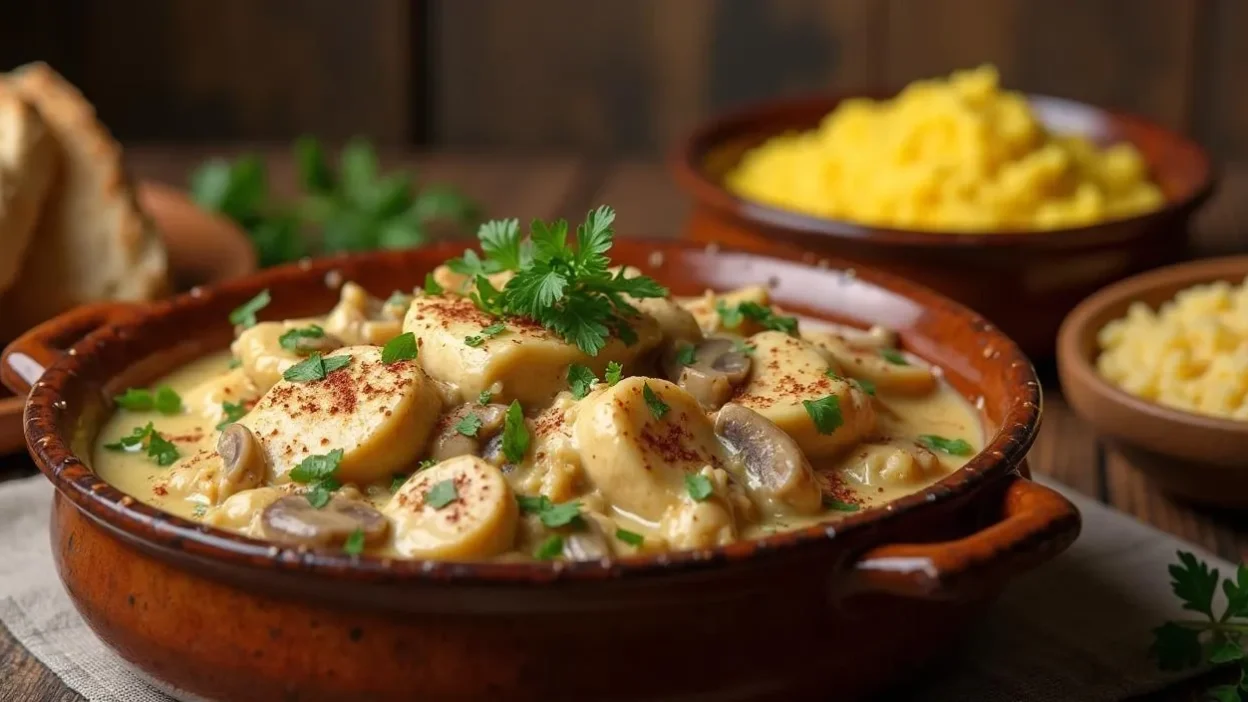 A rustic bowl of Romanian Creamed Chicken (Ciulama de Pui) with tender chicken in a creamy sauce, garnished with fresh parsley and paprika