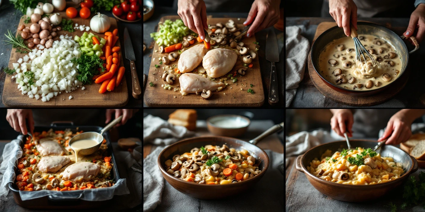 Step-by-step process of making Romanian Creamed Chicken (Ciulama de Pui), from prepping ingredients to layering, cooking, adding the creamy sauce, and serving with mămăligă (polenta) and fresh bread.