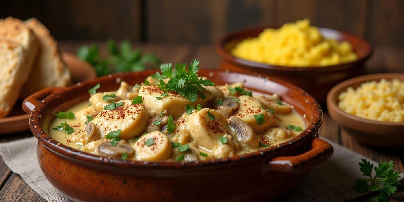 A rustic bowl of Romanian Creamed Chicken (Ciulama de Pui) with tender chicken in a creamy sauce, garnished with fresh parsley and paprika