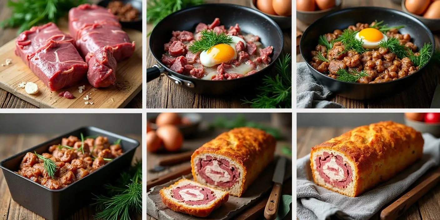 A step-by-step collage of the Romanian Lamb Drob preparation: raw ingredients on a cutting board, meat and herbs being sautéed, the mixture being combined in a bowl, boiled eggs placed in the center of the loaf pan, and the final baked drob sliced to reveal its layers.