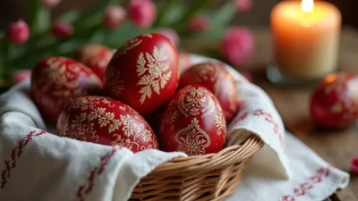 A basket of traditional Romanian Easter eggs, including deep red dyed eggs and intricately hand-painted eggs from Bucovina, displayed on a rustic wooden table with embroidered linen, spring flowers, and a lit Orthodox candle.