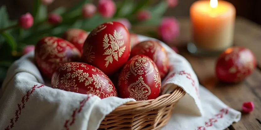 A basket of traditional Romanian Easter eggs, including deep red dyed eggs and intricately hand-painted eggs from Bucovina, displayed on a rustic wooden table with embroidered linen, spring flowers, and a lit Orthodox candle.