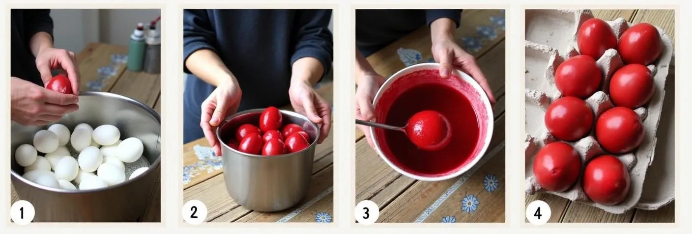 Step-by-step process of making Romanian Easter eggs: washing eggs, boiling them, preparing red dye with vinegar, submerging eggs in dye, and drying them in an egg carton, with one being polished for shine.