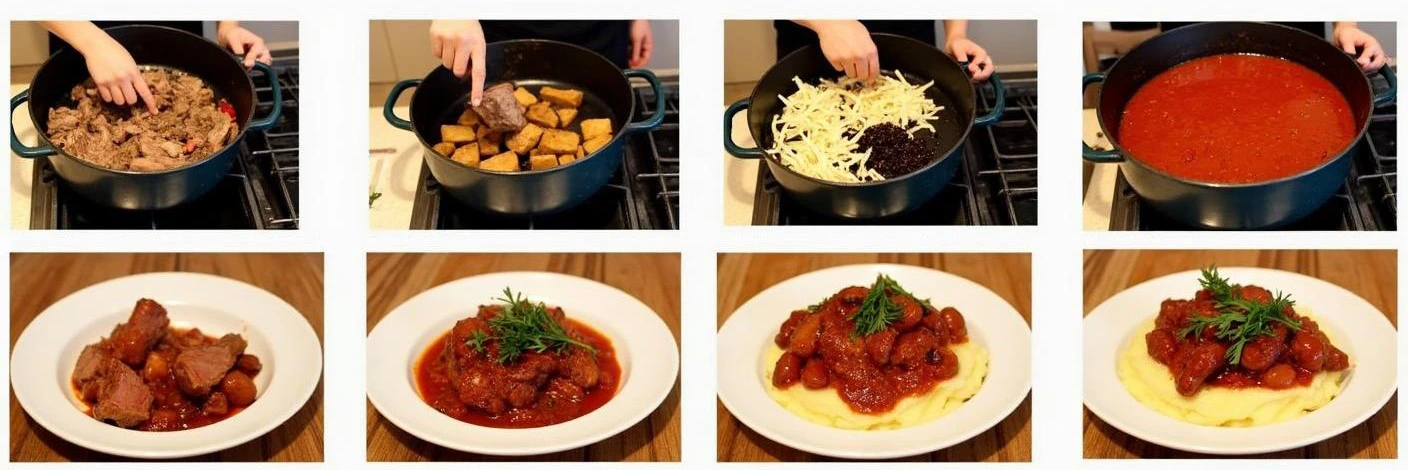 Step-by-step process of making Romanian Limba cu Masline, from boiling and slicing beef tongue to simmering it in a rich tomato-olive sauce and serving with mashed potatoes.