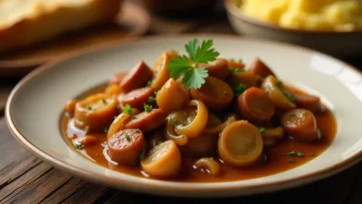 A plate of Romanian pan-fried chicken liver and onions, served with caramelized onions, fresh parsley, mashed potatoes, and crusty bread on a rustic wooden table.