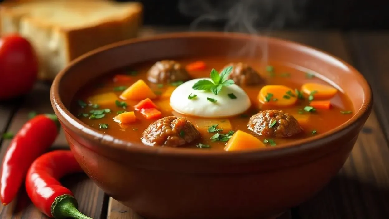 A bowl of Romanian Meatball Soup (Ciorbă de Perișoare) with tender meatballs, fresh vegetables, and a golden broth, garnished with sour cream and served with crusty bread and a chili pepper on the side.