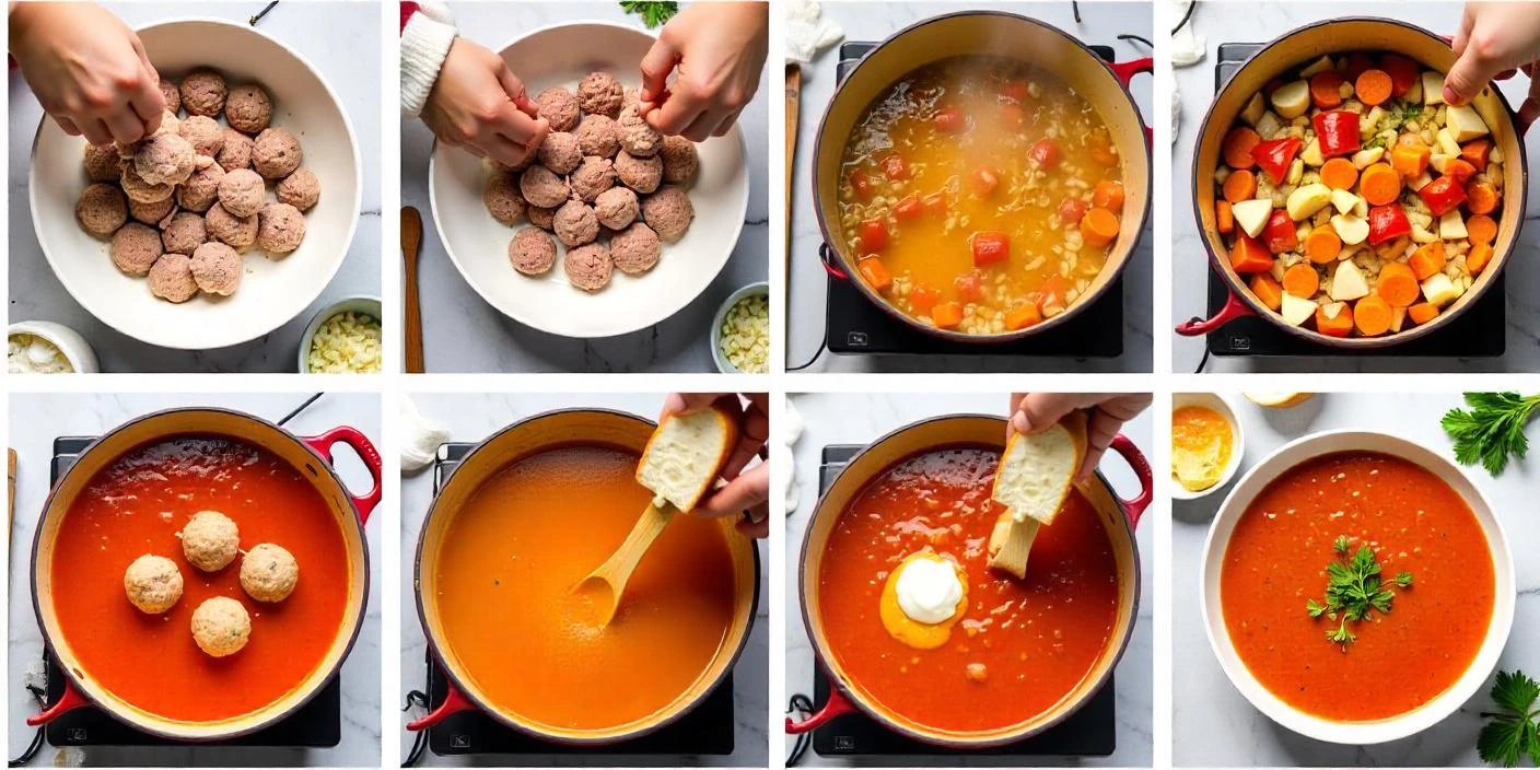 Step-by-step preparation of traditional Romanian Meatball Soup (Ciorbă de Perișoare), showing the process from mixing and shaping the meatballs, sautéing vegetables, adding broth and tomato paste, simmering the soup, seasoning with lemon juice and fresh herbs, and finally serving it with sour cream, crusty bread, and a chili pepper on the side.