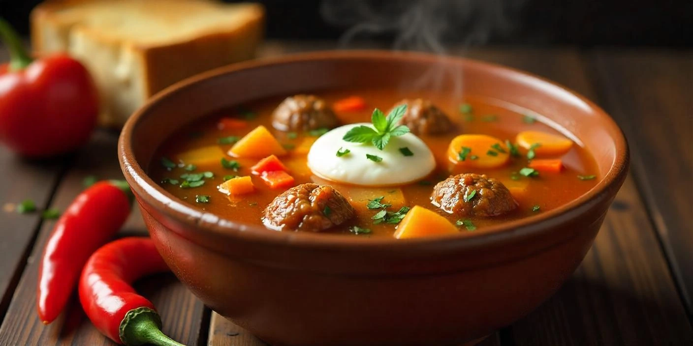 A bowl of Romanian Meatball Soup (Ciorbă de Perișoare) with tender meatballs, fresh vegetables, and a golden broth, garnished with sour cream and served with crusty bread and a chili pepper on the side.