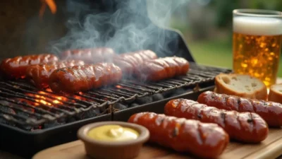 A sizzling grill with Romanian mici (mititei) cooking to perfection, served with mustard, crusty bread, and a cold beer on a rustic wooden board in an outdoor setting.