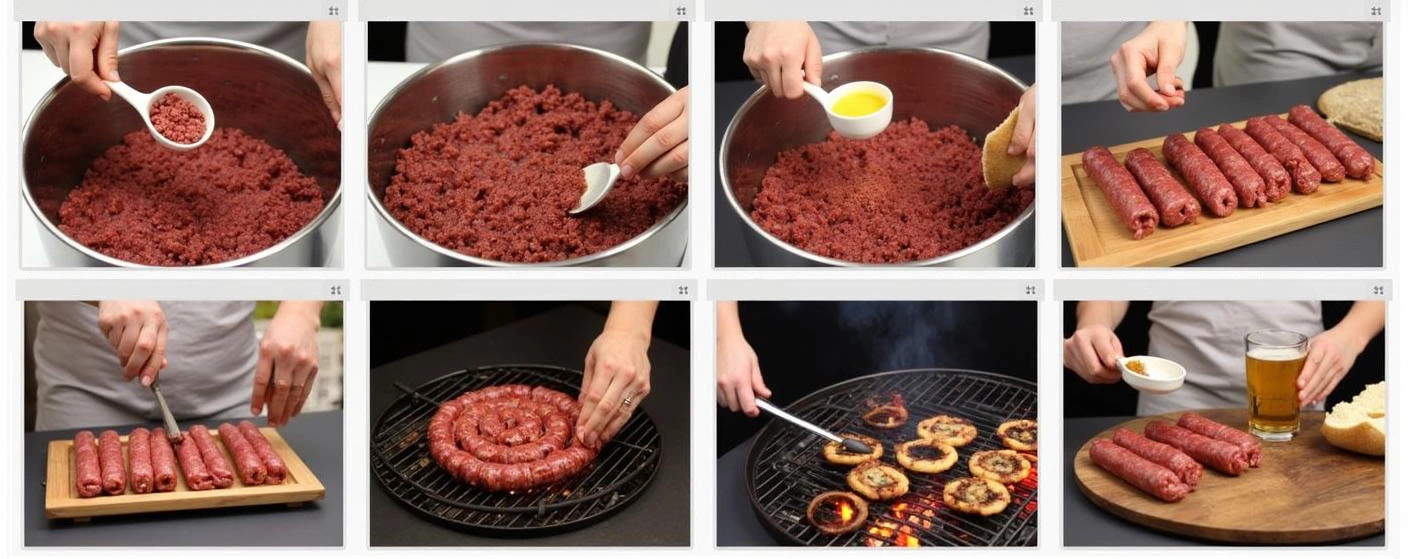 Step-by-step preparation of Romanian mici, from mixing and seasoning the ground meat, shaping and resting the sausages, grilling them over high heat, and finally serving them with mustard, bread, and beer.