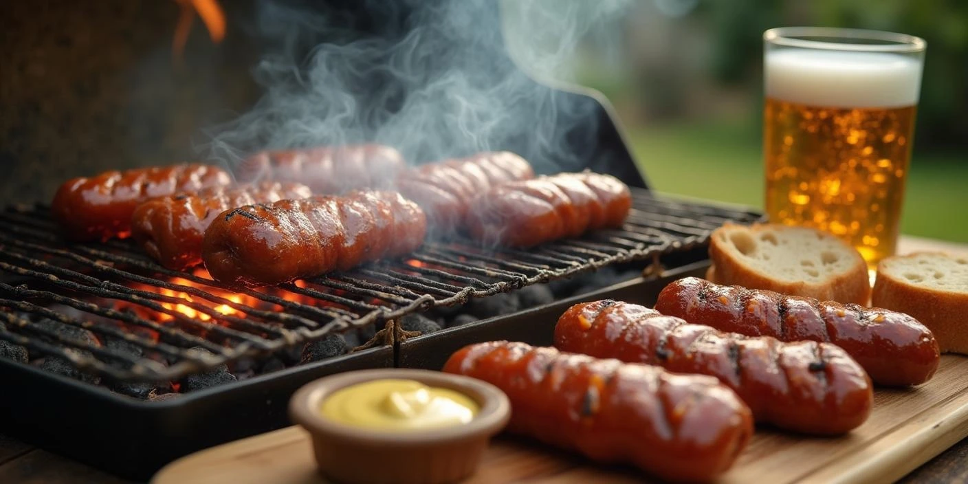 A sizzling grill with Romanian mici (mititei) cooking to perfection, served with mustard, crusty bread, and a cold beer on a rustic wooden board in an outdoor setting.