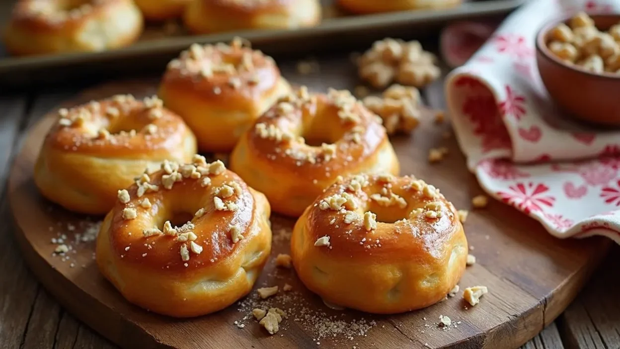 Overhead view of Traditional Romanian Mucenici Moldovenești pastries, shaped like the number 8, golden-brown, glazed with honey, and topped with crushed walnuts, served on a rustic table with honey and walnut bowls nearby.