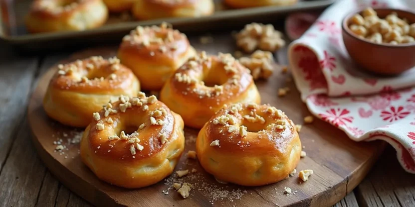 Overhead view of Traditional Romanian Mucenici Moldovenești pastries, shaped like the number 8, golden-brown, glazed with honey, and topped with crushed walnuts, served on a rustic table with honey and walnut bowls nearby.