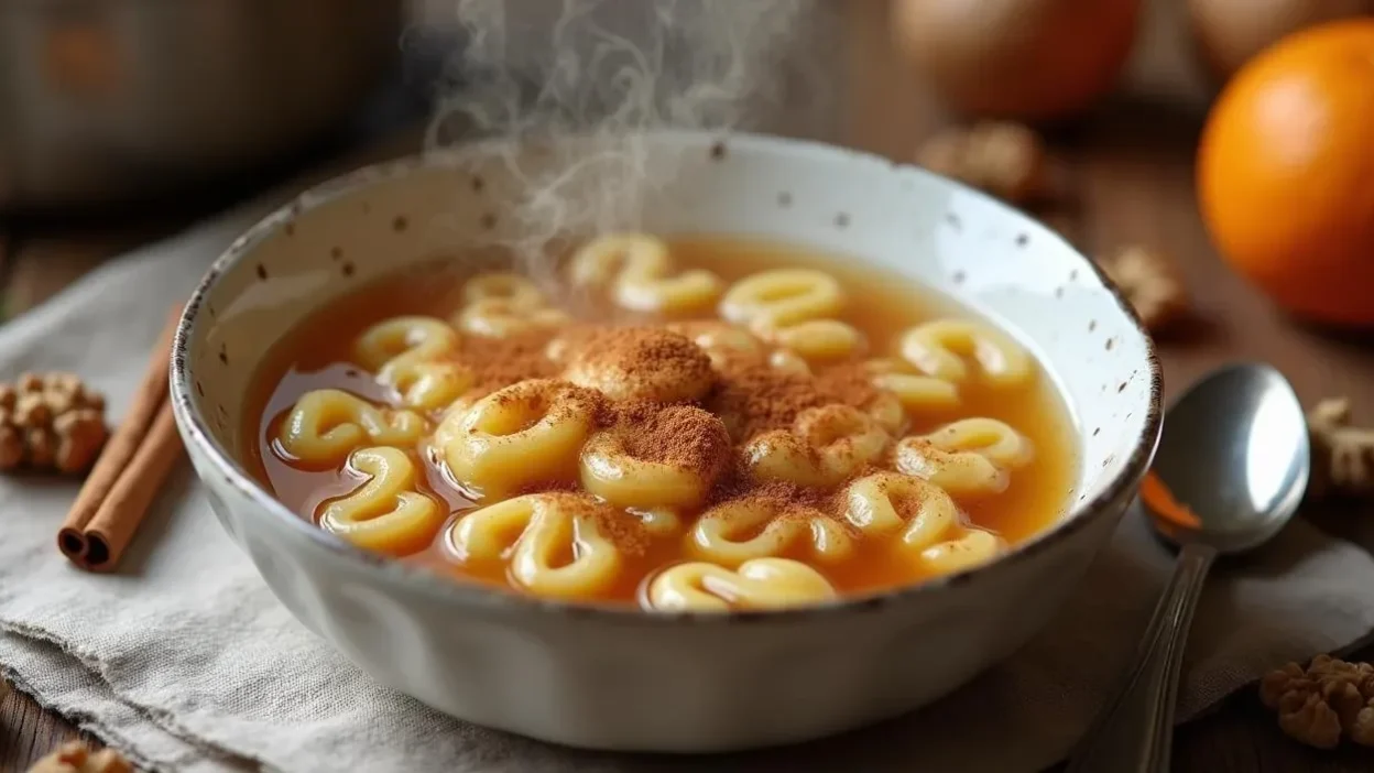 Bowl of traditional Romanian Mucenici Muntenesti in sweet cinnamon and walnut broth, topped with ground walnuts, served on a rustic wooden table with cinnamon sticks and orange peel.