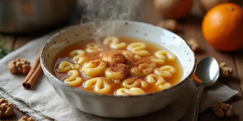 Bowl of traditional Romanian Mucenici Muntenesti in sweet cinnamon and walnut broth, topped with ground walnuts, served on a rustic wooden table with cinnamon sticks and orange peel.
