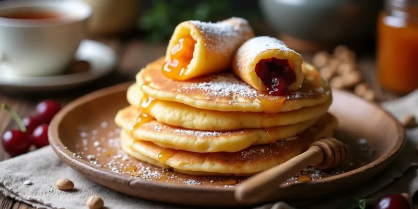 Traditional Romanian pancakes (Clătite) stacked on a wooden plate, with rolled-up pancakes filled with fruit jam, drizzled with honey, and dusted with powdered sugar.