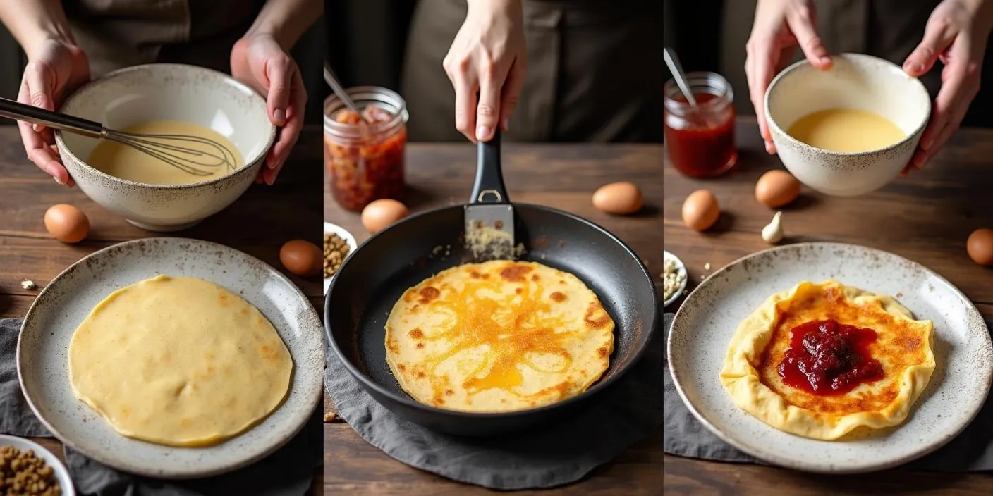 Step-by-step guide to making Romanian pancakes (Clătite), from whisking eggs and mixing the batter to cooking golden pancakes in a pan and rolling them up with jam.