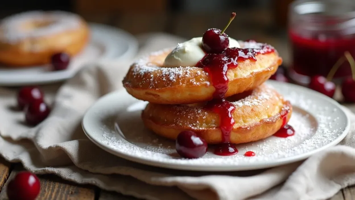 Traditional Romanian papanasi served on a white plate, topped with sour cream and sour cherry jam, dusted with powdered sugar, on a rustic wooden table.