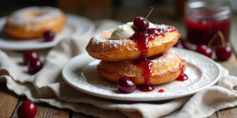 Traditional Romanian papanasi served on a white plate, topped with sour cream and sour cherry jam, dusted with powdered sugar, on a rustic wooden table.