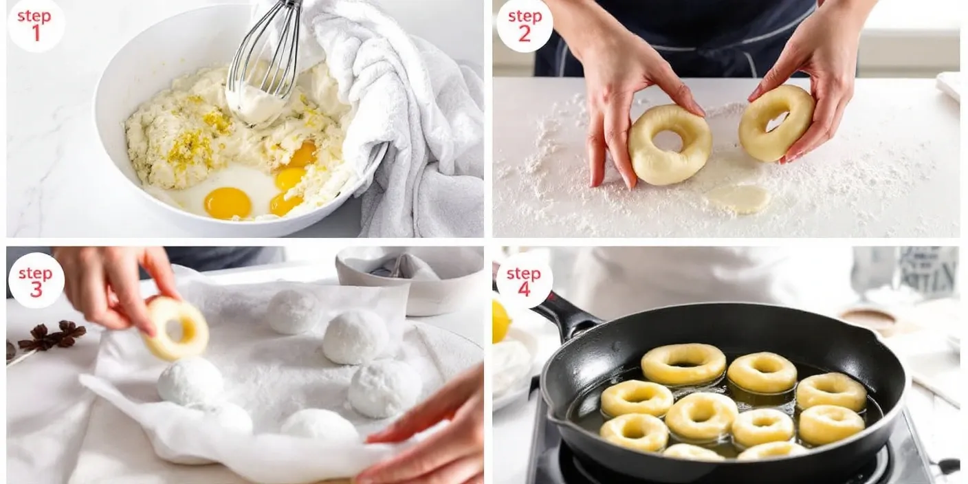 Step-by-step images showing how to make Romanian papanasi: mixing ingredients in a bowl, resting the dough, shaping the doughnuts, and frying them in oil.