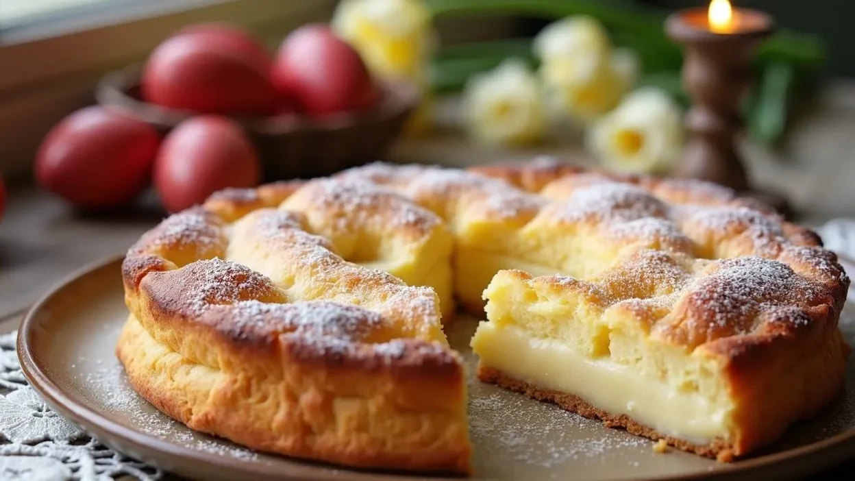 Traditional Romanian Pasca Easter dessert on a rustic table, sliced to reveal creamy cheese filling, dusted with powdered sugar, surrounded by red dyed eggs and spring flowers.