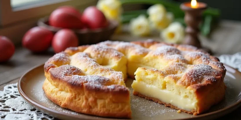 Traditional Romanian Pasca Easter dessert on a rustic table, sliced to reveal creamy cheese filling, dusted with powdered sugar, surrounded by red dyed eggs and spring flowers.