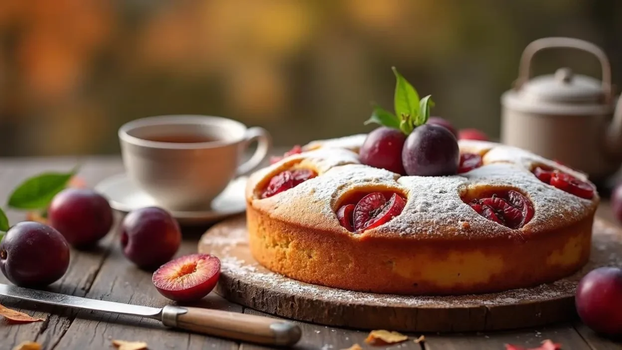 Homemade Romanian Plum Cake (Prajitura cu Prune) with golden-brown sponge, topped with baked plums and powdered sugar, served on a rustic wooden table.