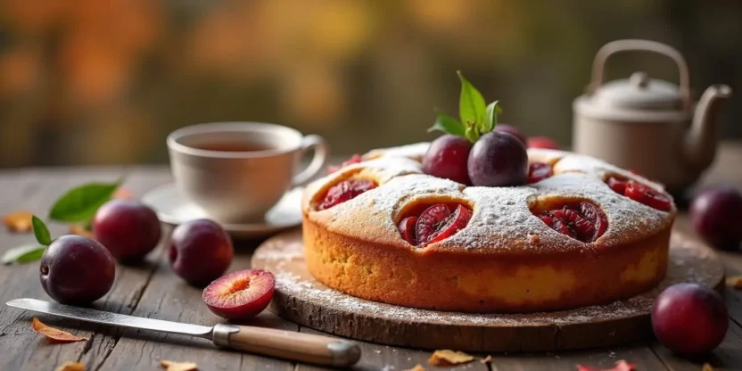Homemade Romanian Plum Cake (Prajitura cu Prune) with golden-brown sponge, topped with baked plums and powdered sugar, served on a rustic wooden table.