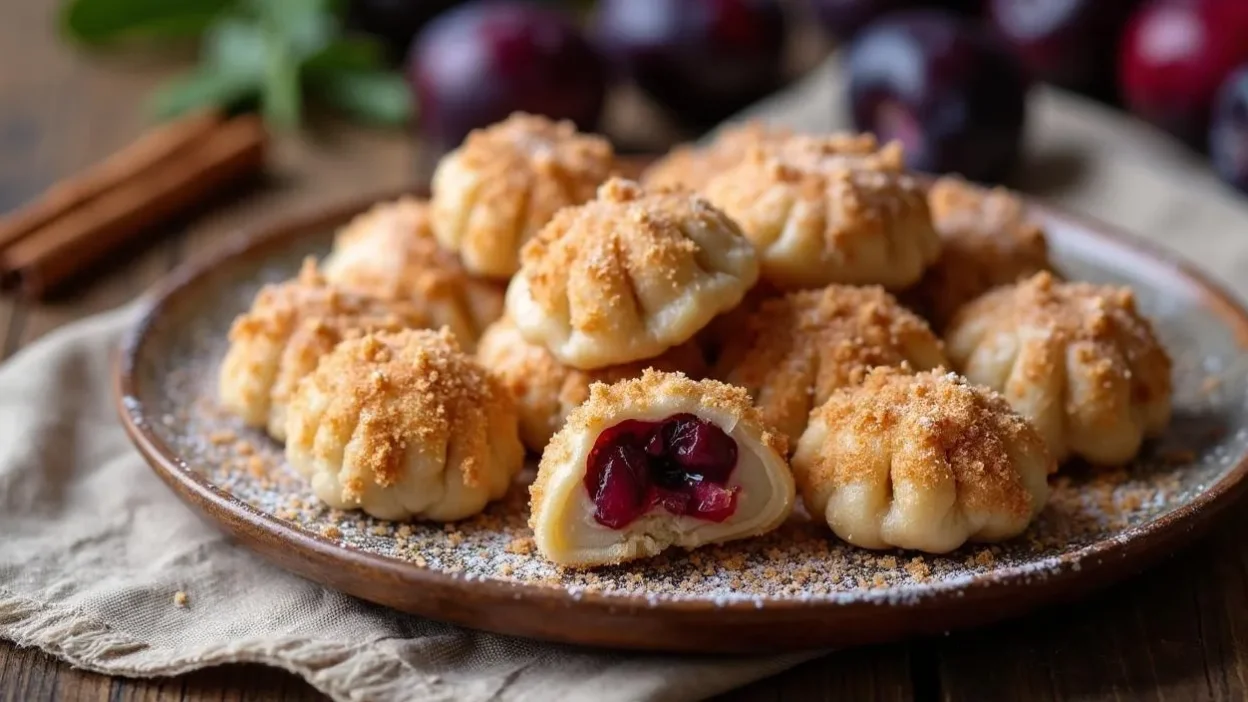 A plate of golden-brown Romanian Plum Dumplings (Găluște cu Prune), coated in cinnamon breadcrumbs, with one dumpling cut in half to reveal the juicy plum filling inside.