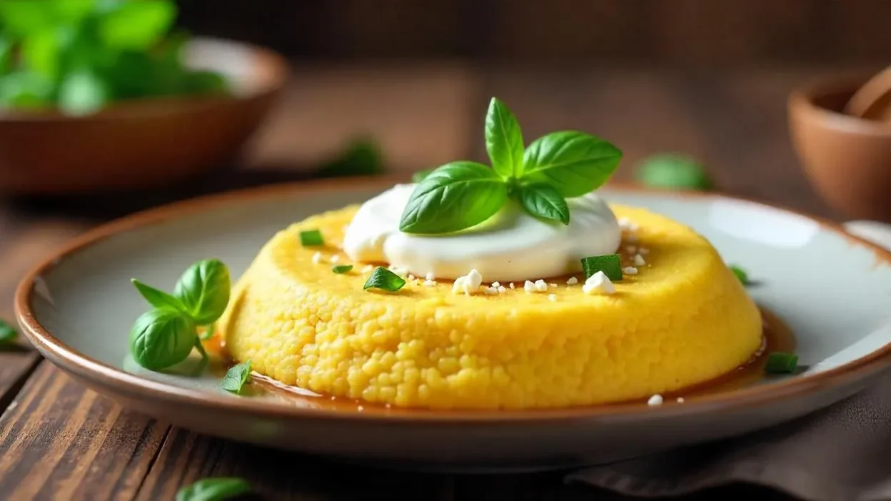 A plate of traditional Romanian polenta (Mămăliguță) with sour cream and crumbled feta cheese, garnished with fresh basil, served on a rustic wooden table.