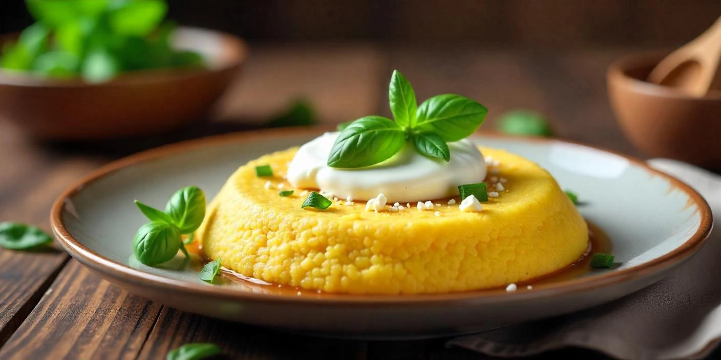 A plate of traditional Romanian polenta (Mămăliguță) with sour cream and crumbled feta cheese, garnished with fresh basil, served on a rustic wooden table.