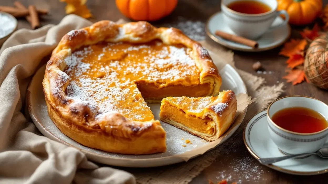 Traditional Romanian pumpkin pie (Plăcintă cu Dovleac) made with filo pastry and sweet pumpkin filling, sliced and dusted with powdered sugar, served on a rustic wooden table with cinnamon sticks and tea.