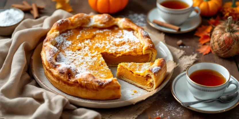 Traditional Romanian pumpkin pie (Plăcintă cu Dovleac) made with filo pastry and sweet pumpkin filling, sliced and dusted with powdered sugar, served on a rustic wooden table with cinnamon sticks and tea.