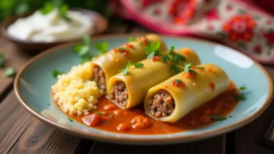 A traditional Romanian dish of Sarmale (cabbage rolls) served on a rustic wooden plate, accompanied by polenta and sour cream.