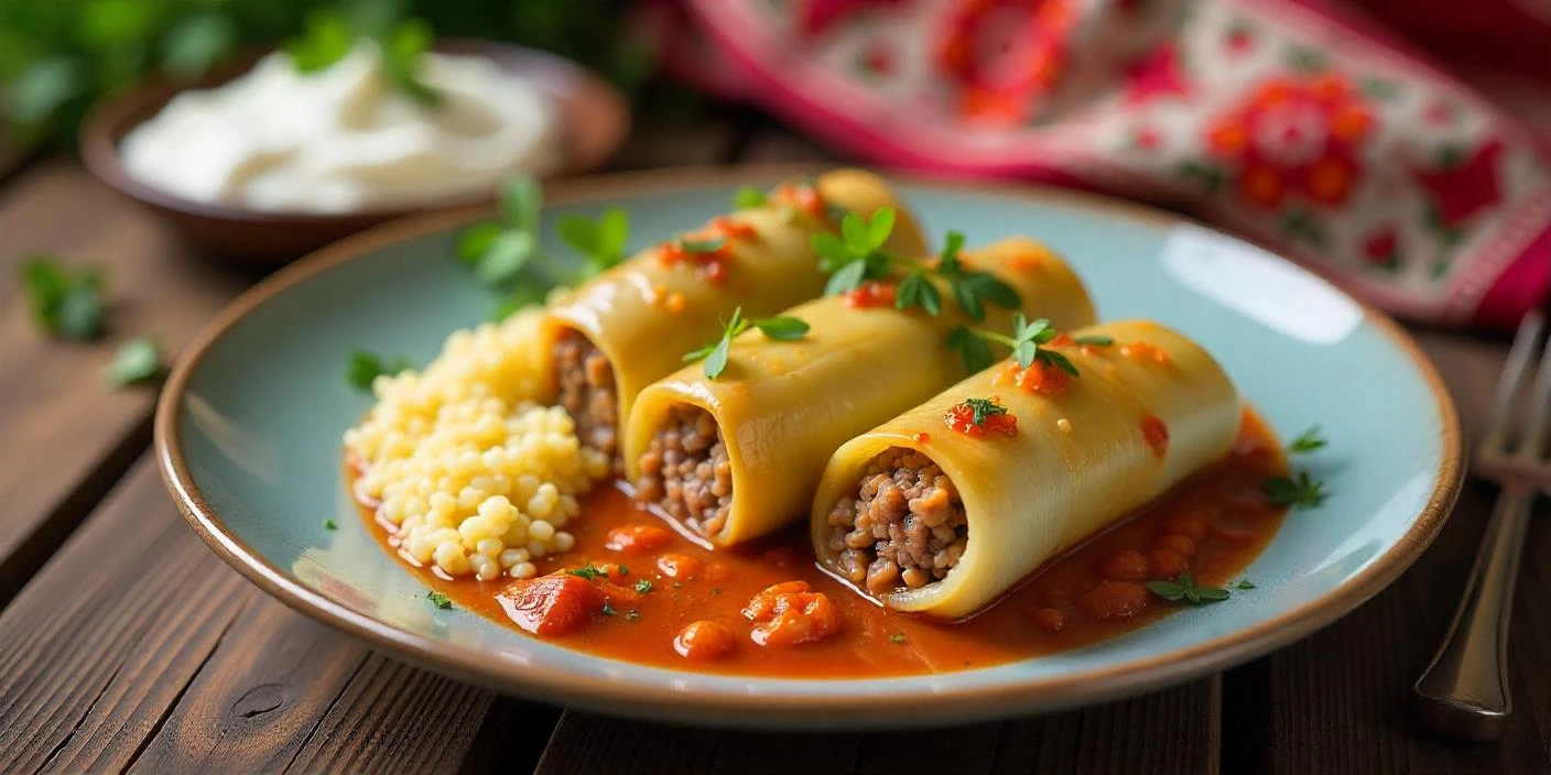 A traditional Romanian dish of Sarmale (cabbage rolls) served on a rustic wooden plate, accompanied by polenta and sour cream.