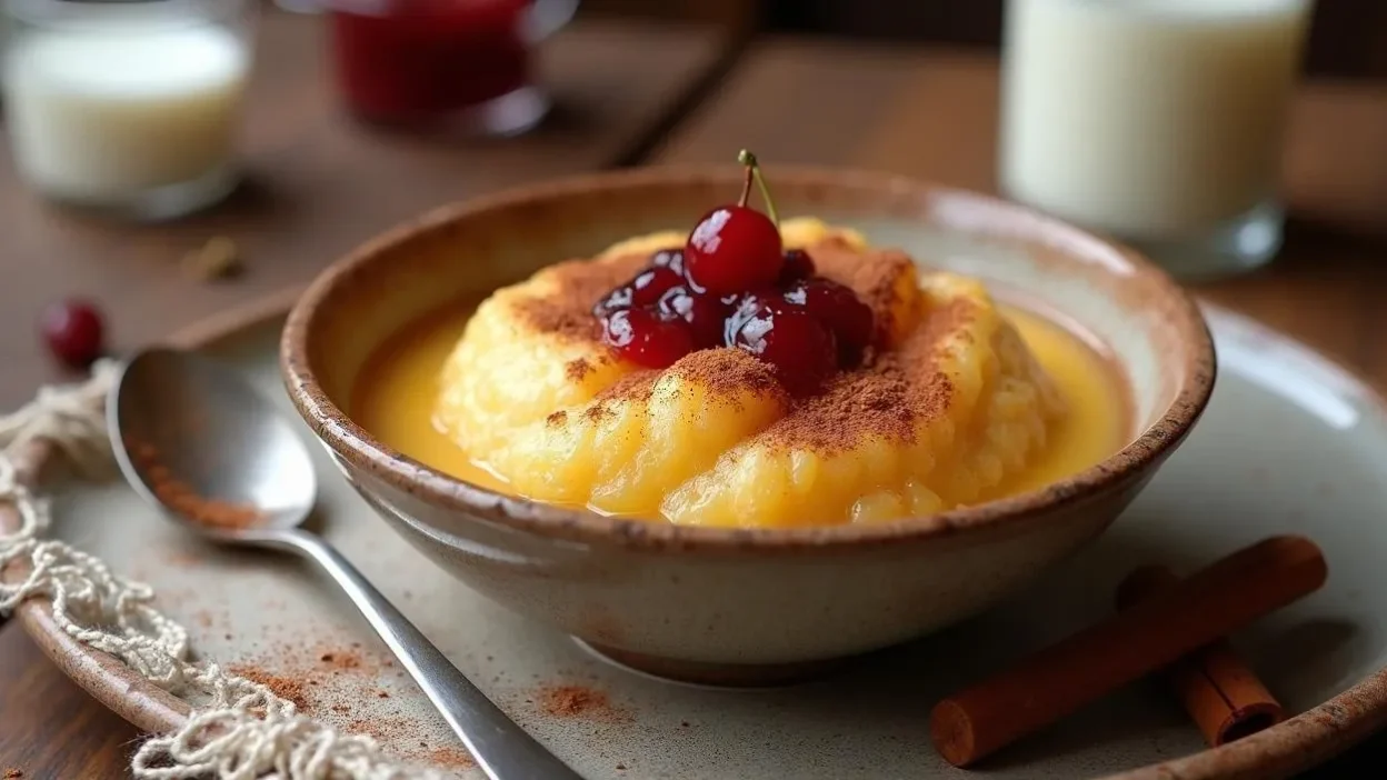 A creamy Romanian semolina pudding (Gris Cu Lapte) served in a ceramic bowl, garnished with sour cherry jam and a sprinkle of cinnamon.