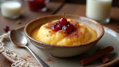 A creamy Romanian semolina pudding (Gris Cu Lapte) served in a ceramic bowl, garnished with sour cherry jam and a sprinkle of cinnamon.