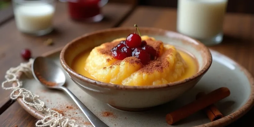 A creamy Romanian semolina pudding (Gris Cu Lapte) served in a ceramic bowl, garnished with sour cherry jam and a sprinkle of cinnamon.