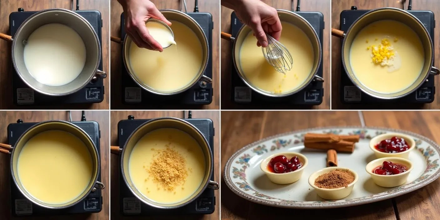 Step-by-step process of making Romanian semolina pudding (Gris Cu Lapte), from heating milk and adding ingredients to whisking semolina, thickening the mixture, and serving it with sour cherry jam and cinnamon.