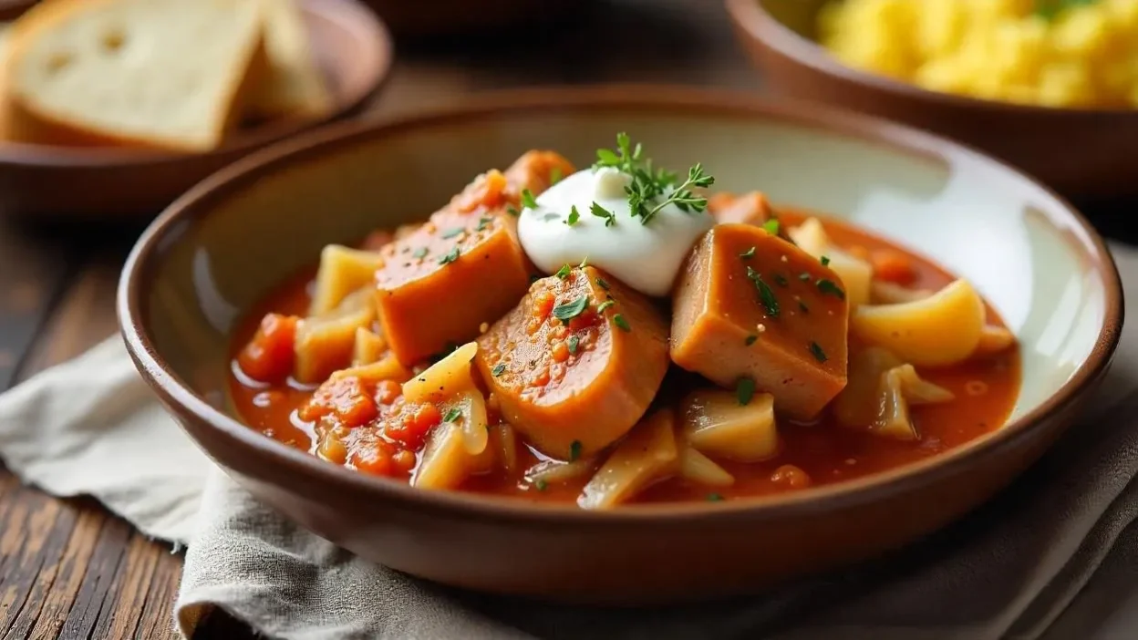 A traditional Romanian Sweet Cabbage with Pork dish served in a rustic bowl, featuring tender pork belly, slow-cooked cabbage in a rich tomato sauce