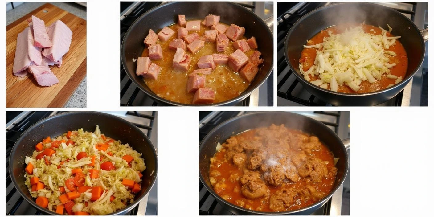 A hearty Romanian dish of braised cabbage and pork, cooked in a rich tomato sauce and served with polenta.