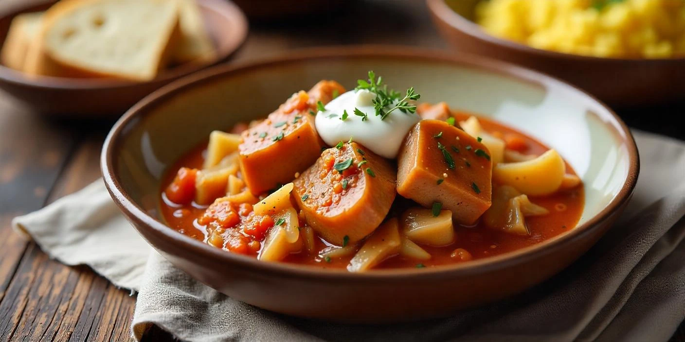 A traditional Romanian Sweet Cabbage with Pork dish served in a rustic bowl, featuring tender pork belly, slow-cooked cabbage in a rich tomato sauce