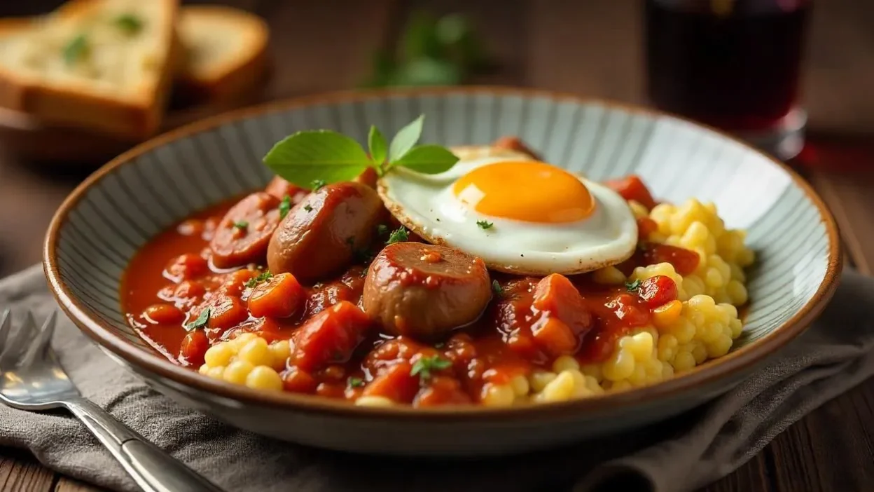 Traditional Romanian Tochitura served with creamy polenta, grated cheese, and a fried egg on top, garnished with fresh herbs and accompanied by a glass of red wine on a rustic wooden table.