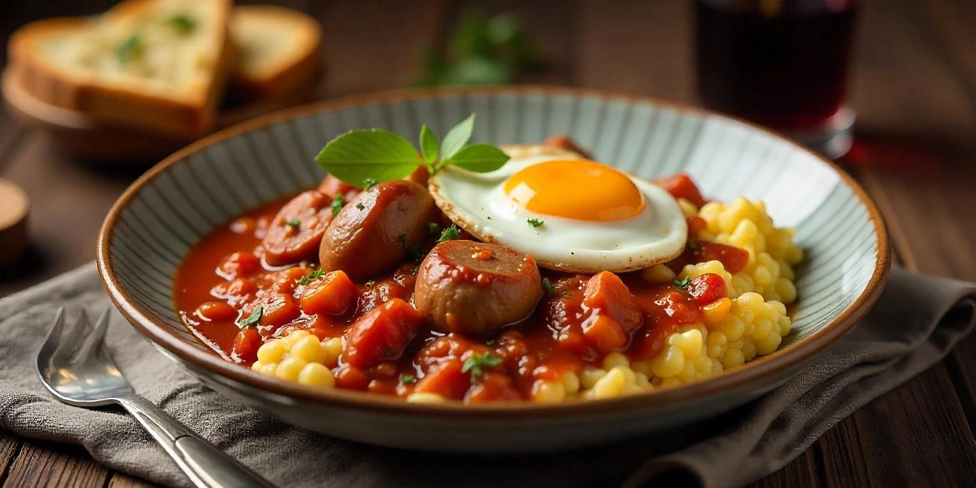 Traditional Romanian Tochitura served with creamy polenta, grated cheese, and a fried egg on top, garnished with fresh herbs and accompanied by a glass of red wine on a rustic wooden table.