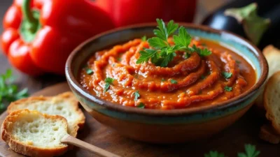 A bowl of Zacusca, a Romanian roasted eggplant and red pepper spread, garnished with fresh parsley and served with slices of crusty bread on a rustic wooden table.