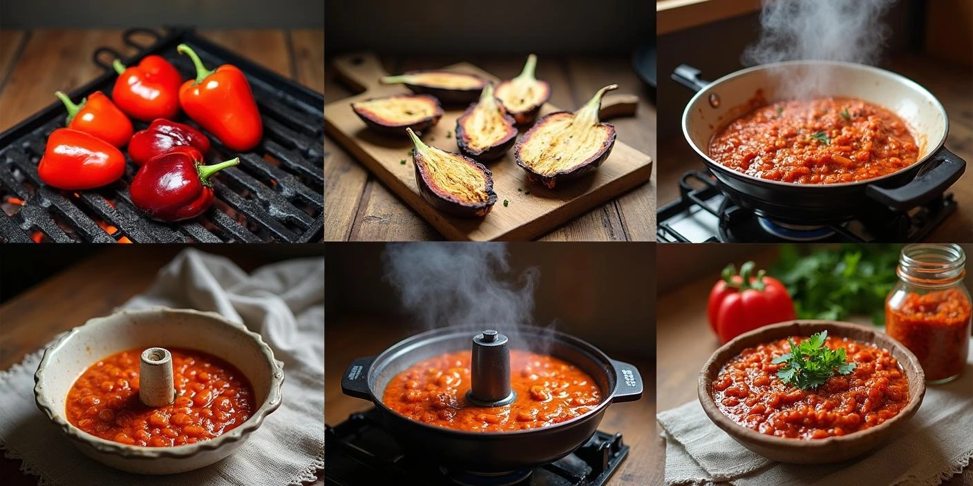 Step-by-step images showing the process of making Zacusca: roasting red peppers and eggplants, peeling and blending them, simmering the mixture on the stove, and serving the final spread in a rustic bowl.