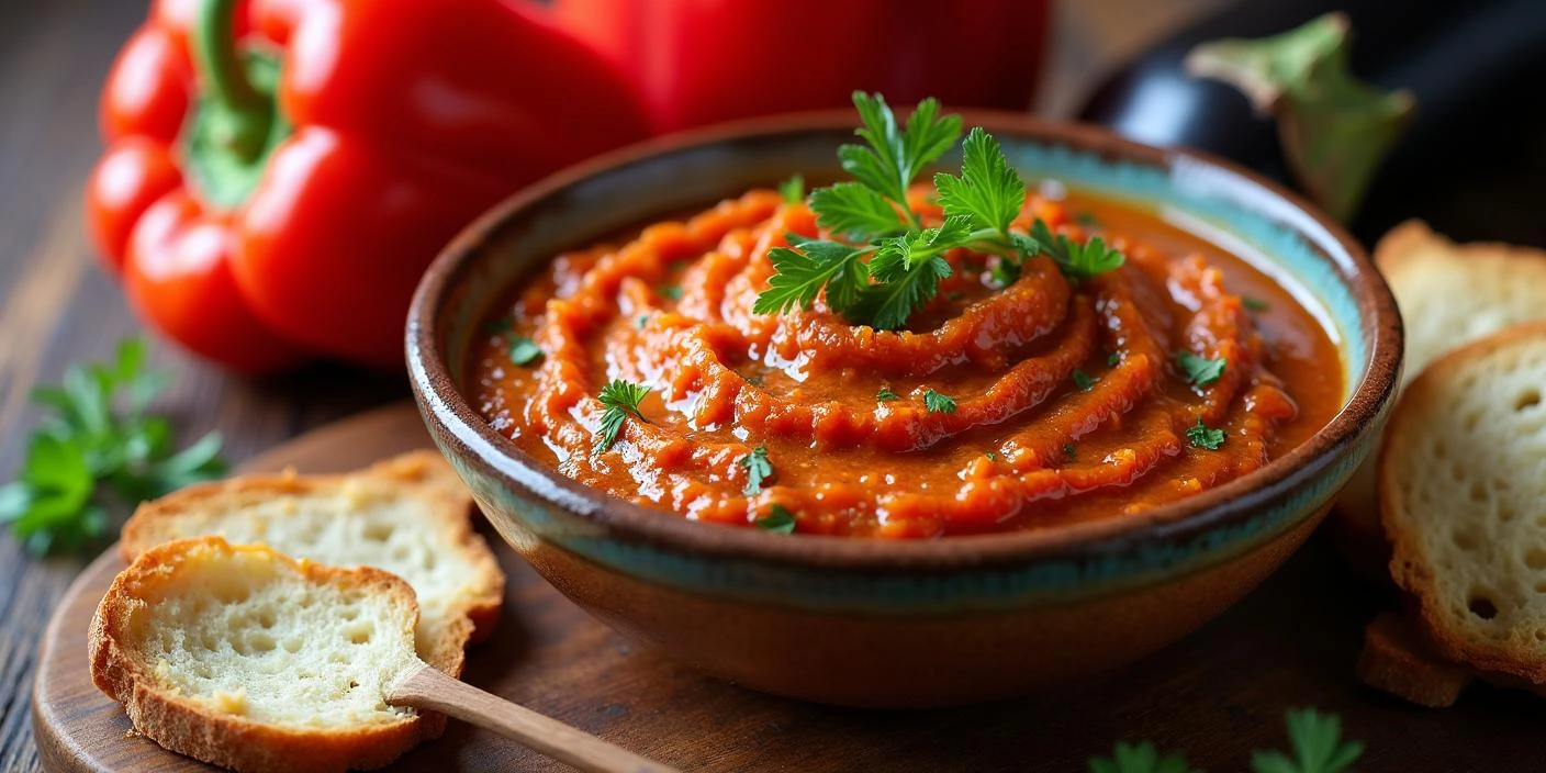 A bowl of Zacusca, a Romanian roasted eggplant and red pepper spread, garnished with fresh parsley and served with slices of crusty bread on a rustic wooden table.