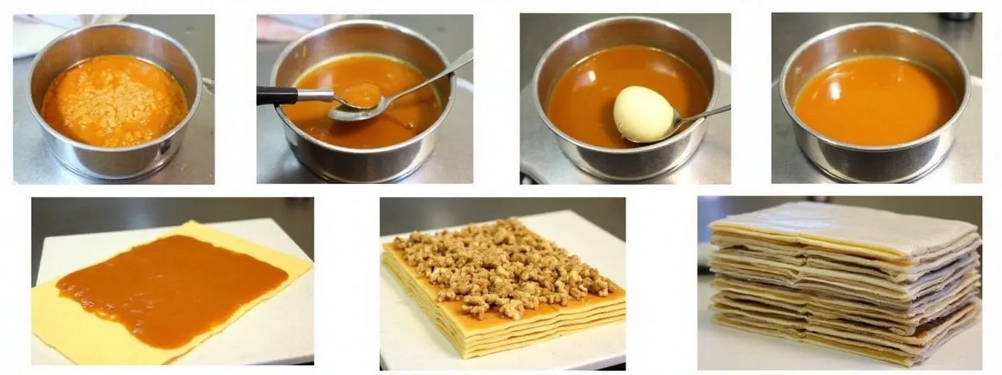 Step-by-step process of making Romanian caramel and walnut wafers (Foi Lica), including caramelizing sugar, adding butter and eggs, mixing in walnuts, layering wafer sheets with caramel filling, and setting the cake under weight before slicing into serving pieces.