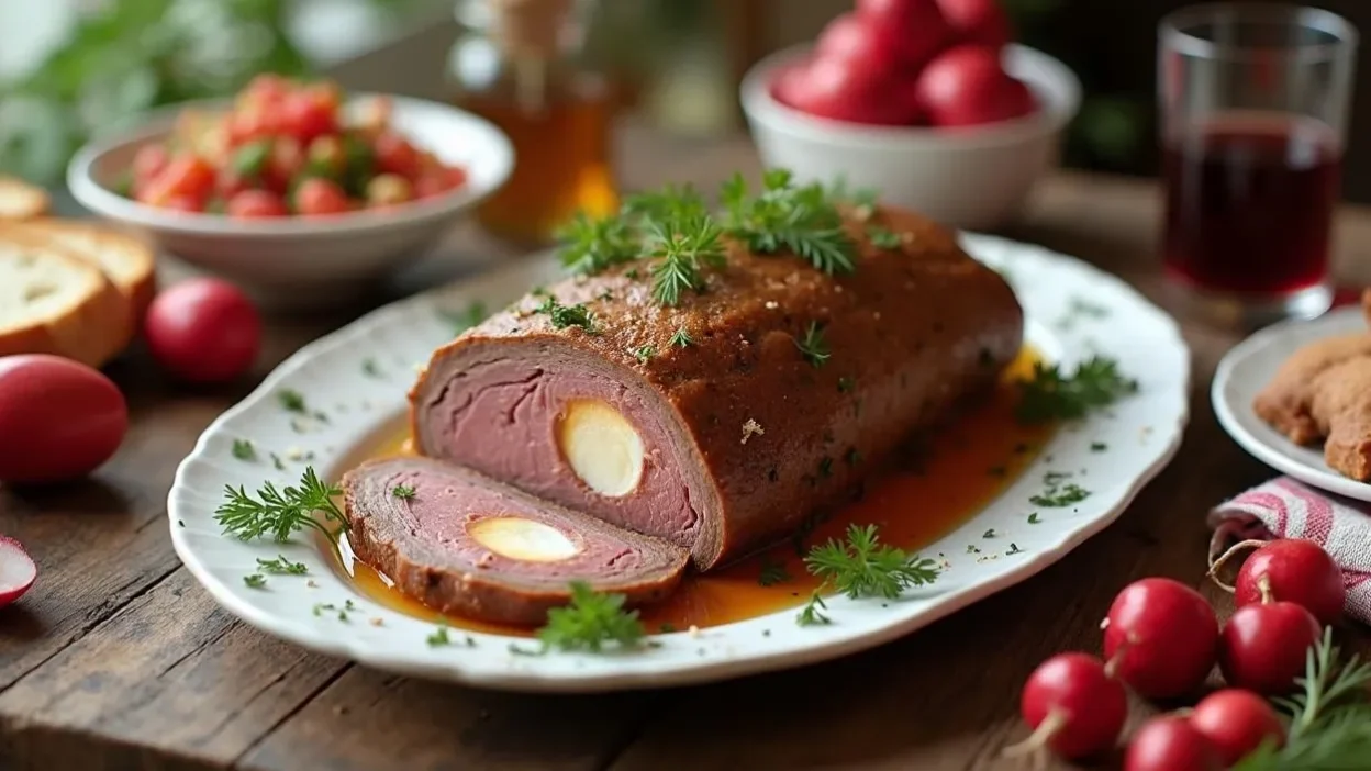A traditional Romanian Lamb Drob (Drob de Miel) served on a wooden platter, sliced to reveal boiled eggs in the center.
