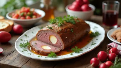 A traditional Romanian Lamb Drob (Drob de Miel) served on a wooden platter, sliced to reveal boiled eggs in the center.